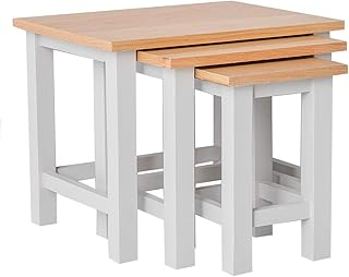 Farrow Grey Nest Of Tables with Oak Set of 3 Nesting Coffee Tables, Painted Solid Wooden Small Contemporary Occasional Nested Side Lamp Stands for Living Room | Fully Assembled