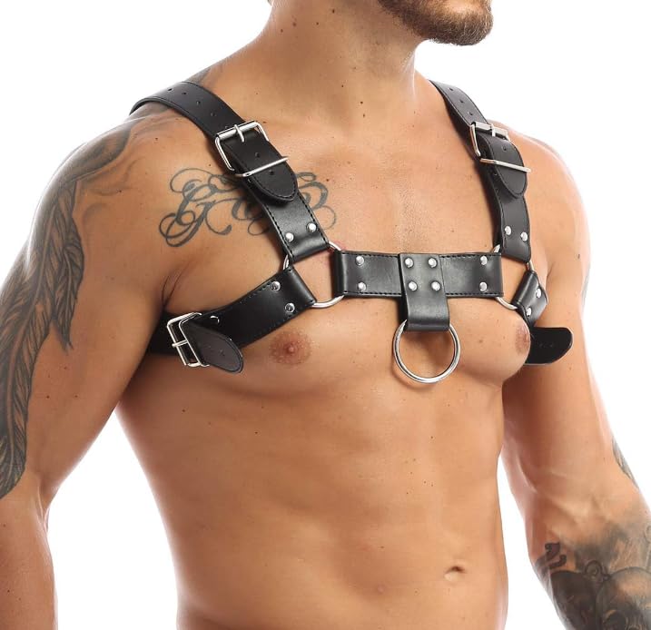 Lunriwis Herren Brustpanzer Geschirr PU Leder Körper Verstellbare Brustplatte Doppelschulter Punk Gothic Brustpanzer Schnalle Brustplatte Club Cosplay Dekoration Kostüm
