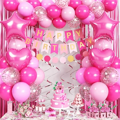 Jobkoo Pink Birthday Decorations for Girls, Hot Light Pink Balloon Garland Arch Kit Happy Birthday Banner Foil Curtain Heart Star Foil Party Balloons for Princess Party Decor