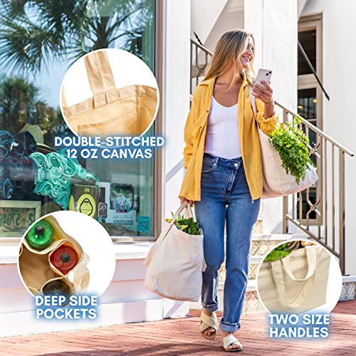 VeraMia Canvas Grocery Bag 3pc XL Set with Real Pockets, Long Shoulder Strap and Short Handle. Heavy Duty, Foldable, Washable4