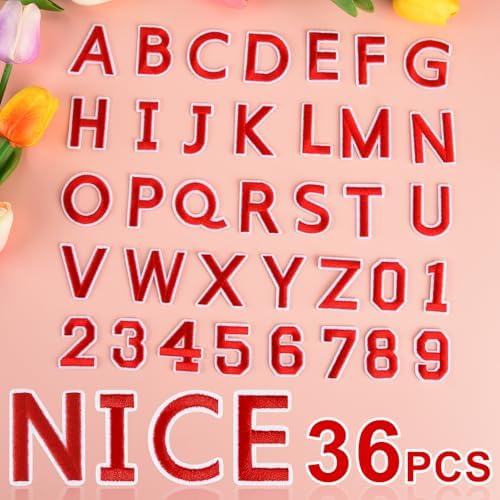 ASTARON 36 Pcs Iron on Letters and Numbers Patches, 1.5 Inch Alphabet Embroidered Patch A-Z, Numbers 0-9 Patches Alphabet Cloth Patch for Clothes, Socks, Jeans, Hat, DIY Accessories(Red)