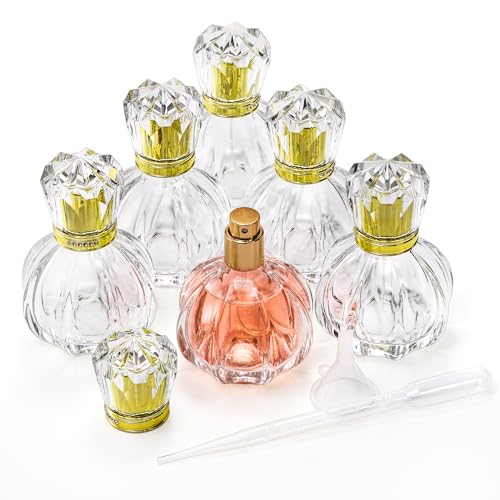 Foraineam 6 Pack 50ML / 1.7oz Glass Spray Bottles Pumpkin Shape Refillable Fine Mist Spray Perfume Bottle, Empty Crystal Glass Fragrance Atomizer Bottle with Droppers and Funnels