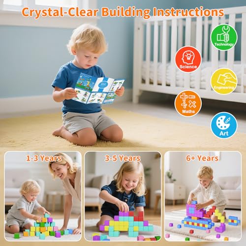 Image of Magnetic Blocks Large, 56PCS 1.42in Magnetic Building Blocks for Kids Ages 4-8, STEM Sensory Travel Autism Montessori Toys for Toddlers, Learning Construction Magnetic Cubes for Birthday Gift