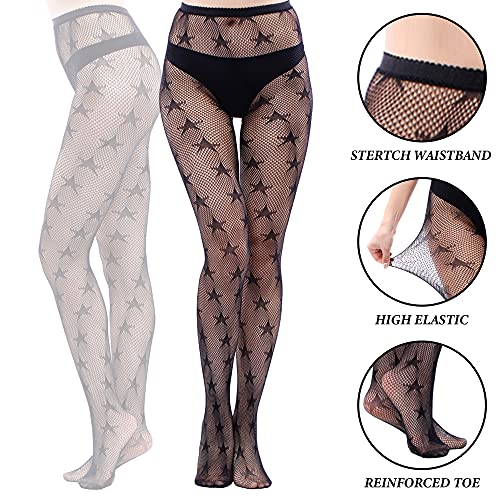 WEANMIX Pentagram Star Patterned Fishnet Plus Size Sheertex Tights Black Stockings Thigh High Lace Pantyhose for Women3