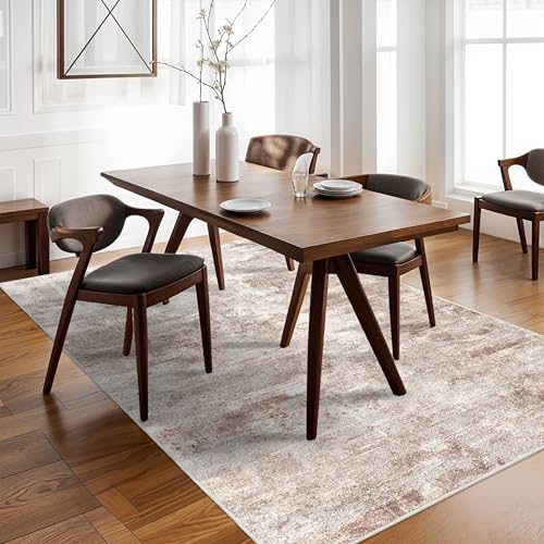 RUUGME Washable Abstract Rug 4X6:Living Room Large Vintage Area Rug Soft Indoor Low Pile Carpet for Bedroom, Dining Room Non-Slip Backing Distressed Floor Decor Machine Washable Mat 4X6 Brown