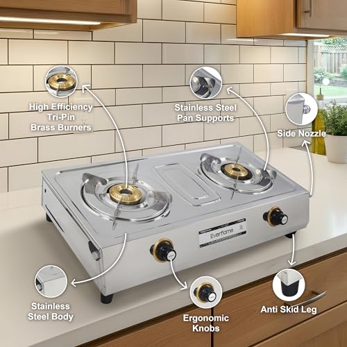 Image of Everflame Super VS2 Series 2 Burner Stainless Steel Gas Stove | Brass Burners | Manual Ignition | Durable & Easy to Clean | 2 Years Manufacturer Warranty + Doorstep Service
