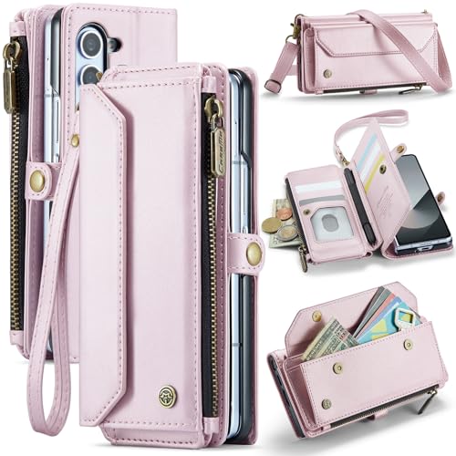 Dteck for Samsung Galaxy Z Fold 4 Flip Wallet Case with Shoulder/Wrist Strap, Built-in Elastic Pen Holder, Card Slots, Pocket, Button Closure, Stand Function, PU Leather Protective Folio Cover, Pink by Dteck - Used condition - US$7.99