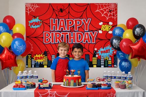 Image of IndoTribe Spidey and Friends Birthday Backdrop 6x4 ft - Spidey Birthday Decorations for Kids, Superhero Party Decorations Backdrop, Spidey and His Amazing Friends Birthday Banner Background