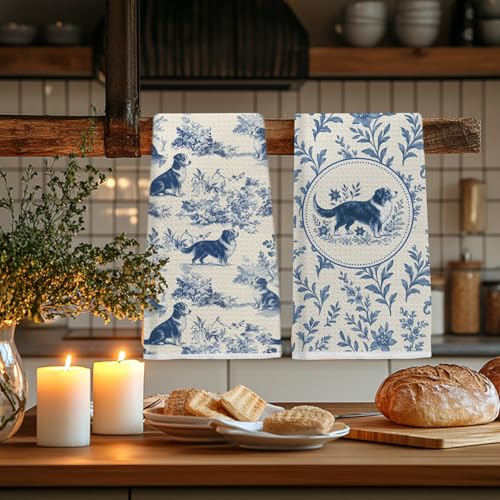 Image of Blue Chinoiserie Border Collie Kitchen Towels, Border Collie Gifts Dish Tea Towels for Kitchen, Vintage French Toile Dog Decorative Hand Towel for Bathroom, Dog Lover Gifts, 16x24 Inch Set of 2