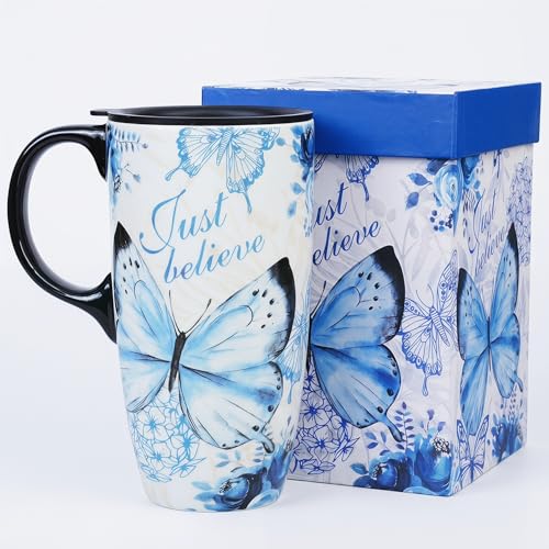 Taza de cerámica azul con mariposas 17oz con tapa