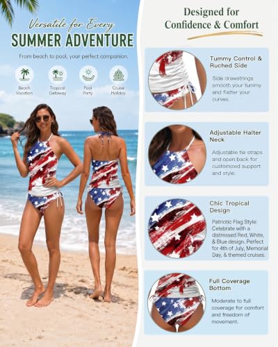 Image of Womens Two-Piece Tankini Set Cow Skull with Leopard Print Sets Swimwear Tankini Top Sets Swimwear