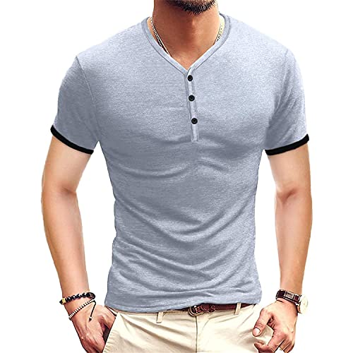 Men'S Cotton Regular-Fit Short-Sleeve Casual Basic V Neck Tee Tops Summer Solid Color Button Collar Shirt (Grey,Medium)