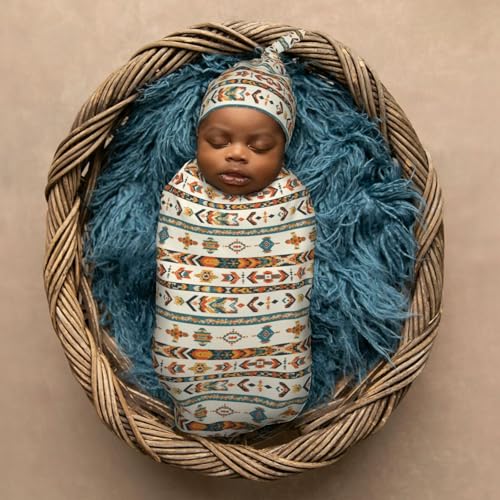 Image of Vintage Aztec Patter Newborn Swaddle Blankets Hat Sets Soft Baby Receiving Blanket Swaddle Sack for Baby Shower Infant Boy Girl Gift