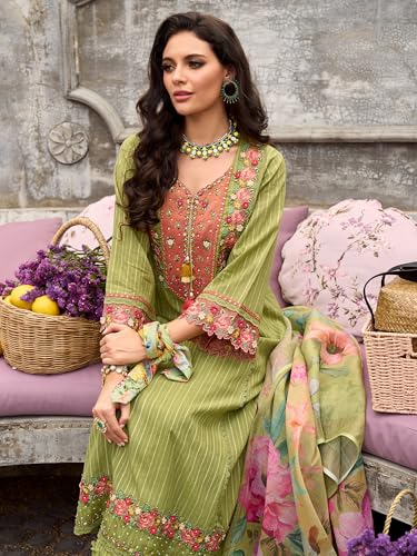 Image of INDO ERA Women's Anarkali Pure Cotton Floral Printed Embroidered Kurta & Pant with Dupatta Set (IEOUT10688)