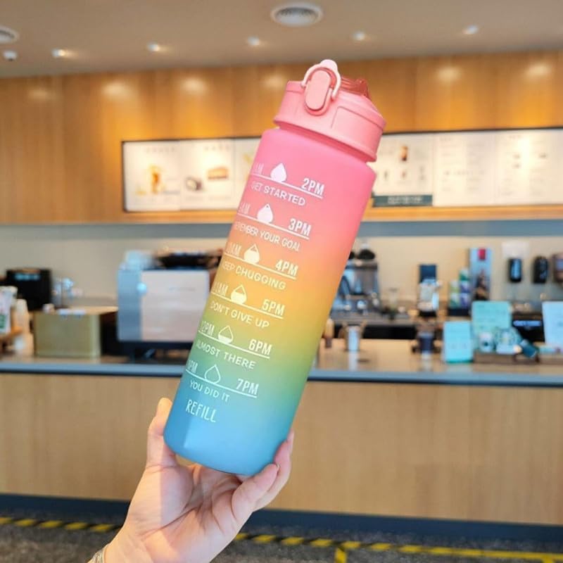 Image of MOTIVATIONAL 3-Pcs (2000ML-900ML-300ML) Water Bottle with Straw & Time Marker | Leak-Proof Sports Bottle for Gym, Office, School | Break-Resistant Silicone Bottle for Daily Hydration (Yellow)