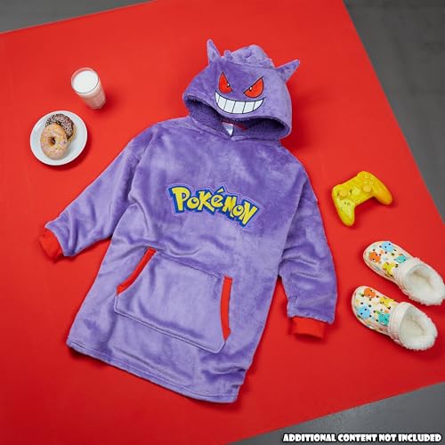 Pokemon Pikachu Blanket Hoodie for Kids Cozy Warm Anime Fleece Wearable Blanket (Purple Gengar)