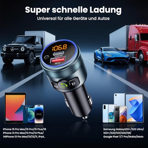 GizmoVine FM-Transmitter Auto, Bluetooth 5.3 Autoadapter, Vollmetall, 2X Schnellladung (PD 30W + QC3.0 18W), Freihändiges Telefonieren, Bassboost, LED-Anzeige, USB-Stick, 12V/24V Fahrzeuge