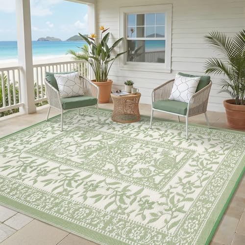 Garvee Outdoor Rug 5x8 Waterproof Reversible Foldable Plastic Straw Rug Botanical Cottagecore Outdoor Rugs Patio Camping RV Carpet for Deck Camper Porch Balcony Backyard Picnic Beach Gray Sage Green