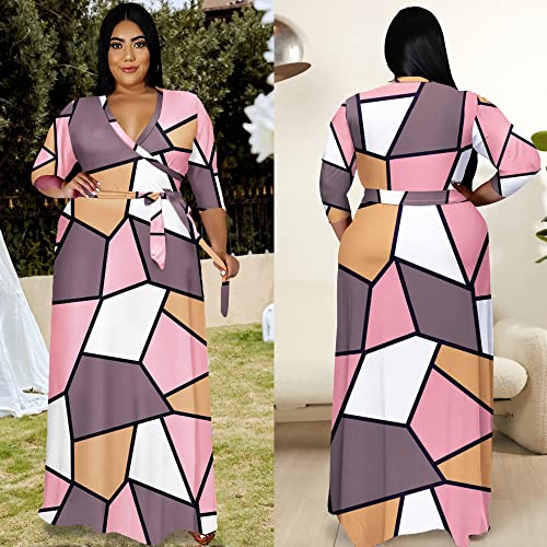 Image of Runwind Plus Size Dresses for Women Floral Maxi Dress Flowy 3 /4 Sleeve with Belt