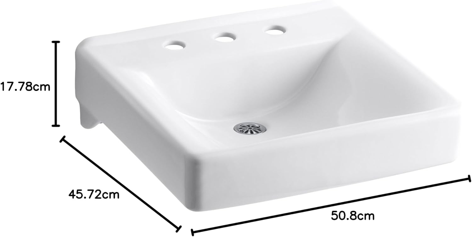 KOHLER K-2053-N-0 Soho 20" x 18" Wall-Mount/Concealed Arm Carrier Bathroom Sink with 8" Widespread Faucet Holes, White