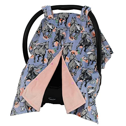 Dear Baby Car Seat Canopy 40”x30” Soft Lightweight Fabric – Horses Lavender