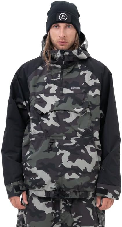 Snowshred Men's Baggy Half-Zip Snowboard Jacket Hooded Anorak Camo Leopard Waterproof Ski Coats for Winter Sports
