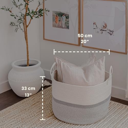Image of OrganiHaus Round Toy Basket & Blanket Basket, Cotton Rope 20x13 inch | Striped Gray - Round Cotton Rope Basket, 20x13 inch