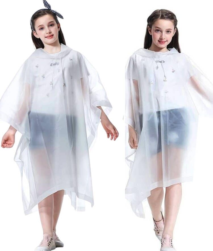 Bosdontek 2 Stück Regenponcho Kinder Wasserdicht Wiederverwendbar Regencape Kinder Regenmantel Kinder, Atmungsaktiv Raincoat Kids mit Kapuze, Eva Unisex Poncho Regen für Mädchen Jungen