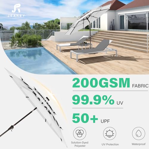 Image of JEAREY 3 Tiers Patio Umbrella with Solar Lights 9ft Outdoor Market Table Umbrellas with Push Button Tilt for Outside Pool Garden, Creamy-white