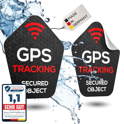 TinyTag® 2X Hinweis-Aufkleber für GPS Tracker - Wetterfester Warn-Sticker als Diebstahlschutz für Dein Fahrrad, eBike, Auto, Motorrad & Koffer - Bombenfest & langlebig | Fahrrad Aufkleber (2er Pack)
