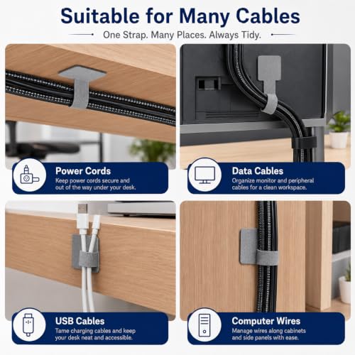 30PCS Cable Organizer, Reusable Self Adhesive Cable Management Straps with Hook and Loop, Under Desk Wire Ties for Computer TV Home Office Car Cord Organization miniatura 6