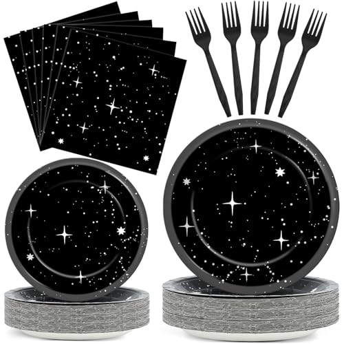 Qyeahkj 200Pcs Stars Birthday Party Decorations Galaxy Plates and Napkins Space Theme Paper Plate Supplies for Outer Spaces Disposable Tableware Dinnerware Set Baby Shower Night Sky Decor for 50 Guest