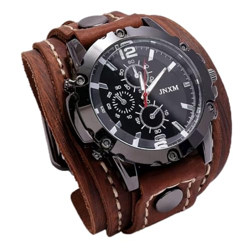 MINILUJIA Handmade Sewn with Wax Rope Men Watches Vintage Punk Hip-hop Gothic Wide Genuine Leather Fashion Cuff Round Quartz Wristwatch Big Dial Black Brown (Brown)