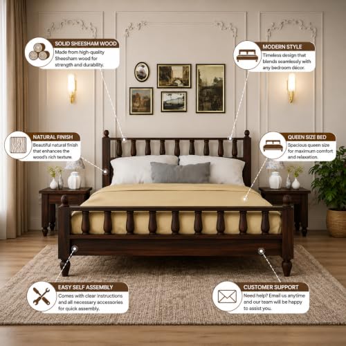 Image of Solid Wood Bed Queen Size Wooden Double Bed Cot Furniture for Bedroom Home and Hotel Queen Size cot 1 Year Warrenty (Walnut Finish, Queen)