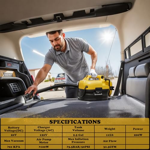 Image of 3 in 1 Shop Vac Cordless and Corded, Versatile Power Source with Tire Inflator and Blower Function, 2.5 Gallon Portable Shop Vacuum Wet and Dry for Dewalt 20V Battery, Small Shop Vac (with Battery)