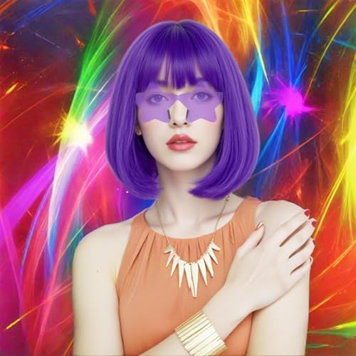 Image of ANOGOL Purple Bob Wig with Bangs Purple Wigs Women Lavendar Colored Wigs | Hair Cap+Sunglasses Short Neon Wig for Bachelorette Party Funny Outfit for Women Halloween Costume Night Club Crazy Hair Day