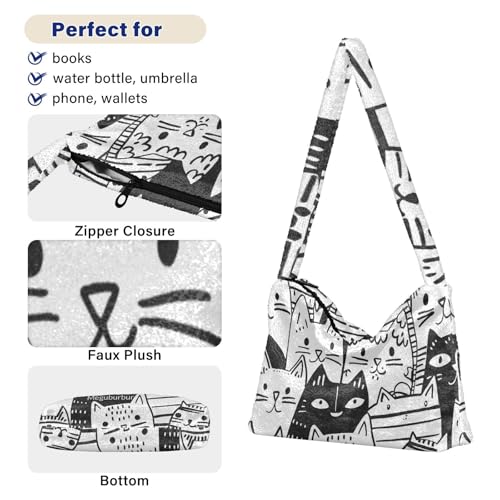 Fluffy Furry Tote Bag Fuzzy Cute Plush Underarm Bag Women Ladies Shoulder Handbag Purse for Autumn and Winter black cats4