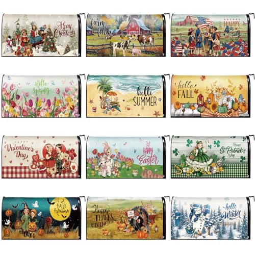 Image of Dispowreath 12 Pcs Vintage Seasonal Mailbox Covers Magnetic Standard Size 18 x 21 Inch Valentines Spring St Patricks Easter Magnetic Mailbox Covers for Garden Yard Outdoor Decor