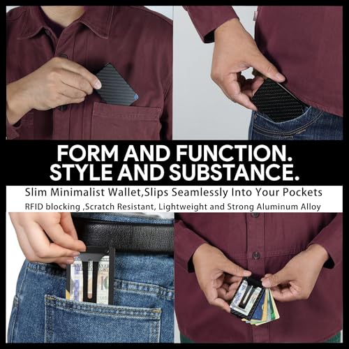 Image of Minimalist Wallet for Men, Slim Metal RFID Blocking Wallet Credit Card Holder Money Clip & Cash Strap, Scratch-Resistant Holds 15 Cards,Ideal Gift for Men | Carbon Fiber