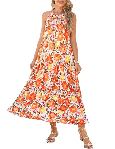 Image of GRACE KARIN 2026 Women's Floral Halter Maxi Dress Boho Summer Beach Sundress with Tiered Ruffle Skirt