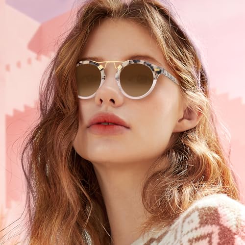 Image of CARFIA Double Bridge Small Acetate Sunglasses for Women Polarized, Retro Metal Brow Ladies Sunnies Fashion Round Eyewears