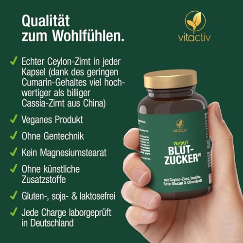 VITACTIV Blutzucker Kapseln - 90 Stück - Blutzuckerformel mit Chrom, Ceylon Zimt Extrakt, Myo Inositol, Beta Glucan, Olivenblatt Extrakt & Zink - Hochdosiert, Vegan, Laborgeprüft in Deutschland