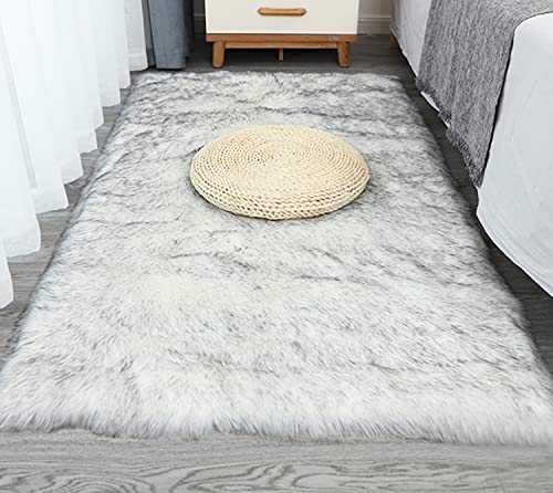 Faux Fur Sheepskin Area Rug, Baby Bedroom Rugs Fluffy Rug Home Decorative Shaggy Rectangle Carpet, 4X6 Feet, White With Grey Top #TOP2