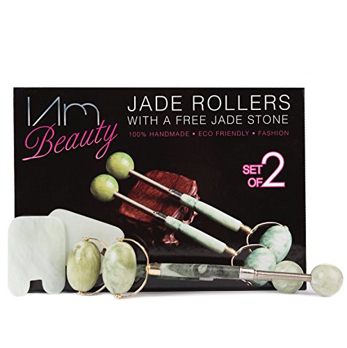 IAMBEAUTY 2 Jade Roller Massagers & Gua Sha Stone Board Scraping Face Tool Anti-Aging Natural Skincare Set for Face, Neck, Eyes & Body – Rejuvenating, Slimming, Massage Therapy Facial Kit