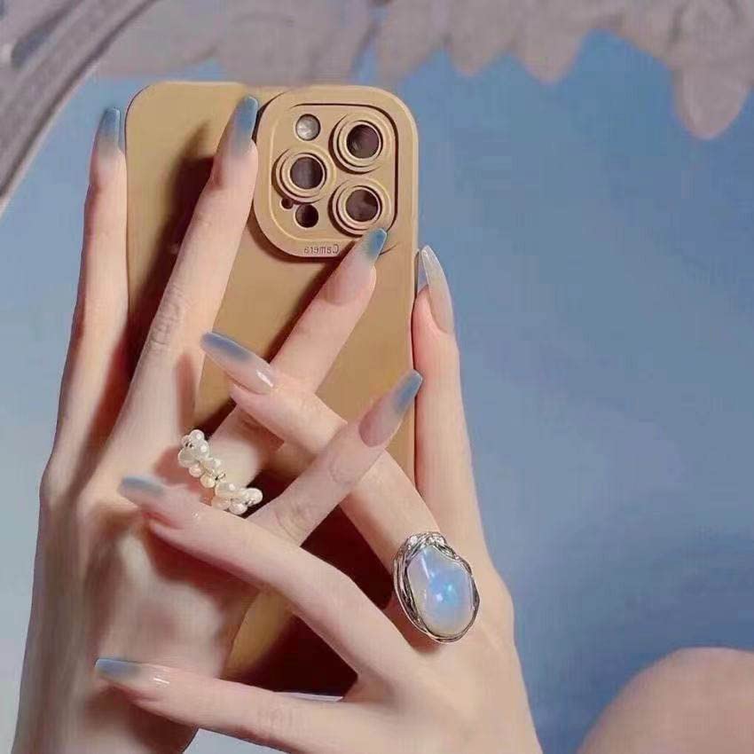 RikView Uñas postizas a presión con punta francesa, uñas acrílicas medianas, uñas desnudas, uñas postizas de ataúd, uñas azules adhesivas