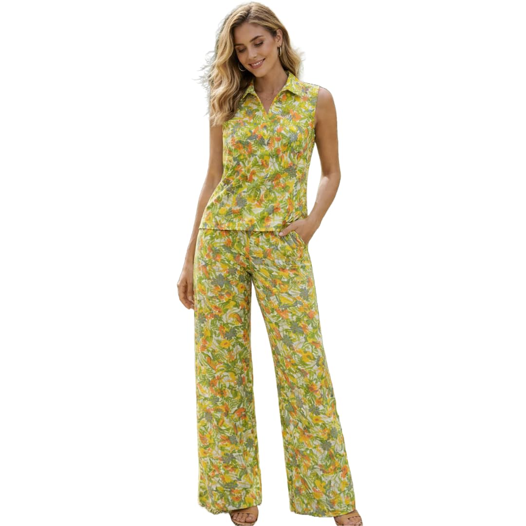 Women's Sleeveless Floral Print Two Piece Set, Collared Top with Wide Leg Pants, Green Yellow Orange-image-26