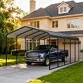 12x25 FT Heavy Duty Metal Carport Kits with Galvanized Steel Roof, Outdoor Carport Canopy Enhanced Base, Multi-Purpose Extra Large Car Garage Shelter for Car, SUV, Truck and Boats, Black