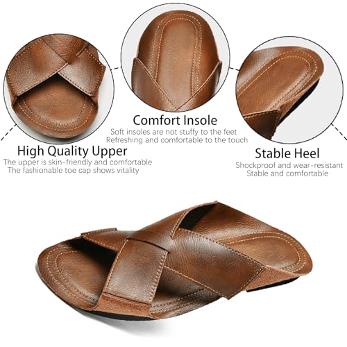 Men's Genuine Leather Cutout Slides Sandals Comfort Lightweight Open Round Toe Slip On Anti-Slip Soft Bottom Slippers Summer Casual Walking Beach Fisherman Sandals2