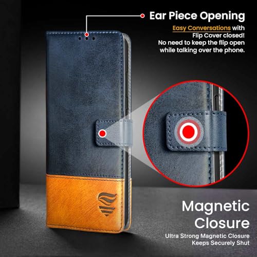 Image of FLIPPED Vegan Leather Flip Case Back Cover for Samsung Galaxy S25 Ultra 5G (Flexible, Shock Proof | Hand Stitched Leather Finish | Card Pockets Wallet & Stand | Irish Blue with Tanned Oak)