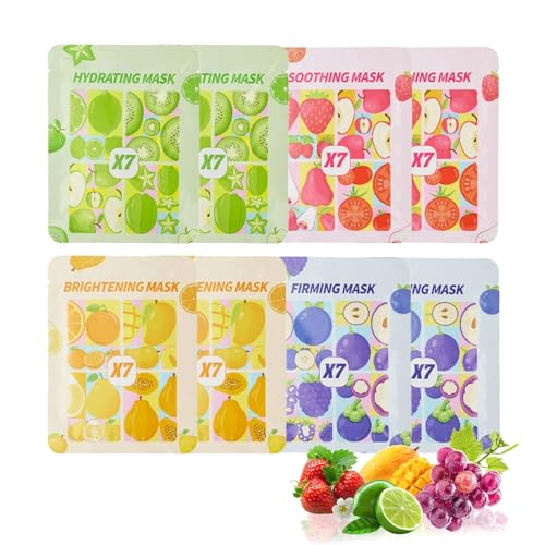Altherona Gesichtsmaske 8PCS, Maske Gesicht mit Fruchtessenzen, Multifunktionales Face Mask, Gesichtsmaske Frauen Reisegrößen Produkte Beruhigend & Feuchtigkeit